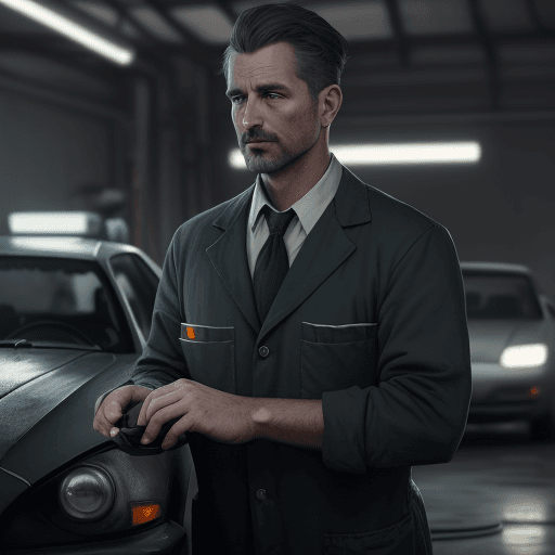 AI generated: car service, in it a man in a car mechanic suit, gorgeous, car in the background, repairing a car, r...