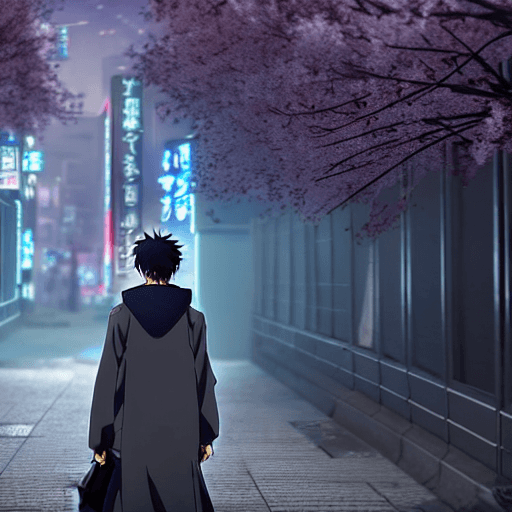 AI generated: anime key visual of man in grey cloak with dagger walking in Cyberpunk Tokyo City, from the anime Ch...