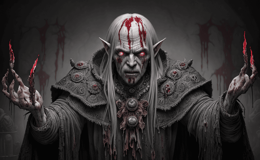 AI generated: ”old, ugly, evil, wrinkled, decaying bloody, violent, bloodstained necromancer in the middle of cast...