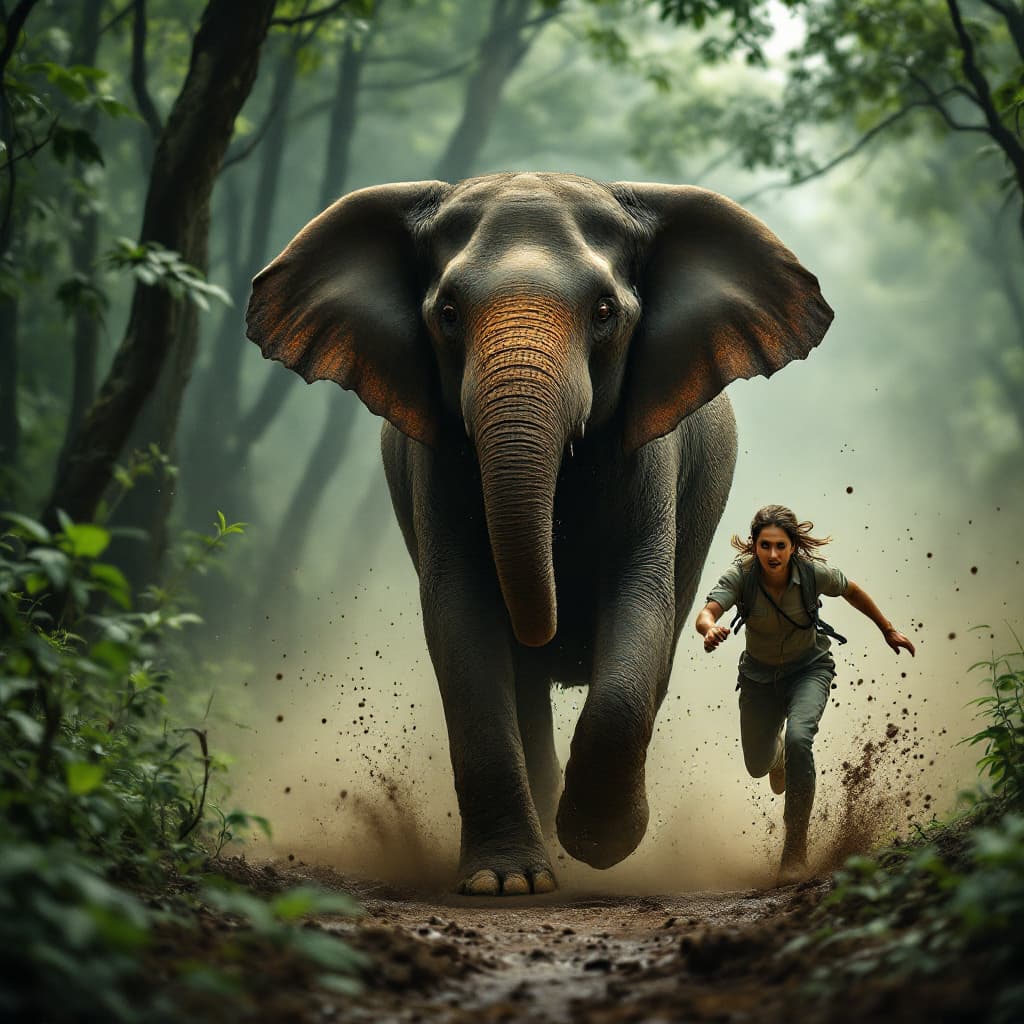 AI generated: Create a dramatic and dynamic image set in a deep Kerala forest, depicting an elephant running behin...