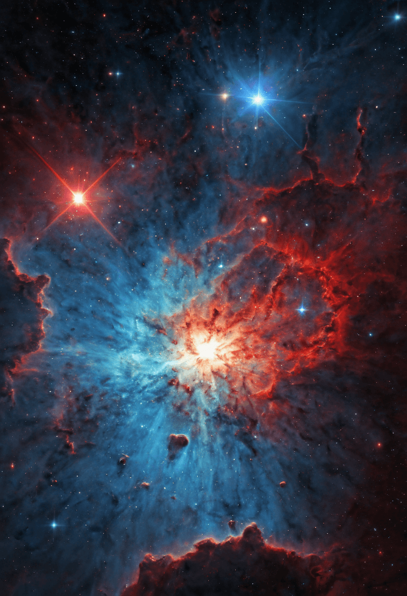 AI generated: A high detail cosmic nebula with vibrant reds and blues, dynamic colors and shifting lights, intrica...
