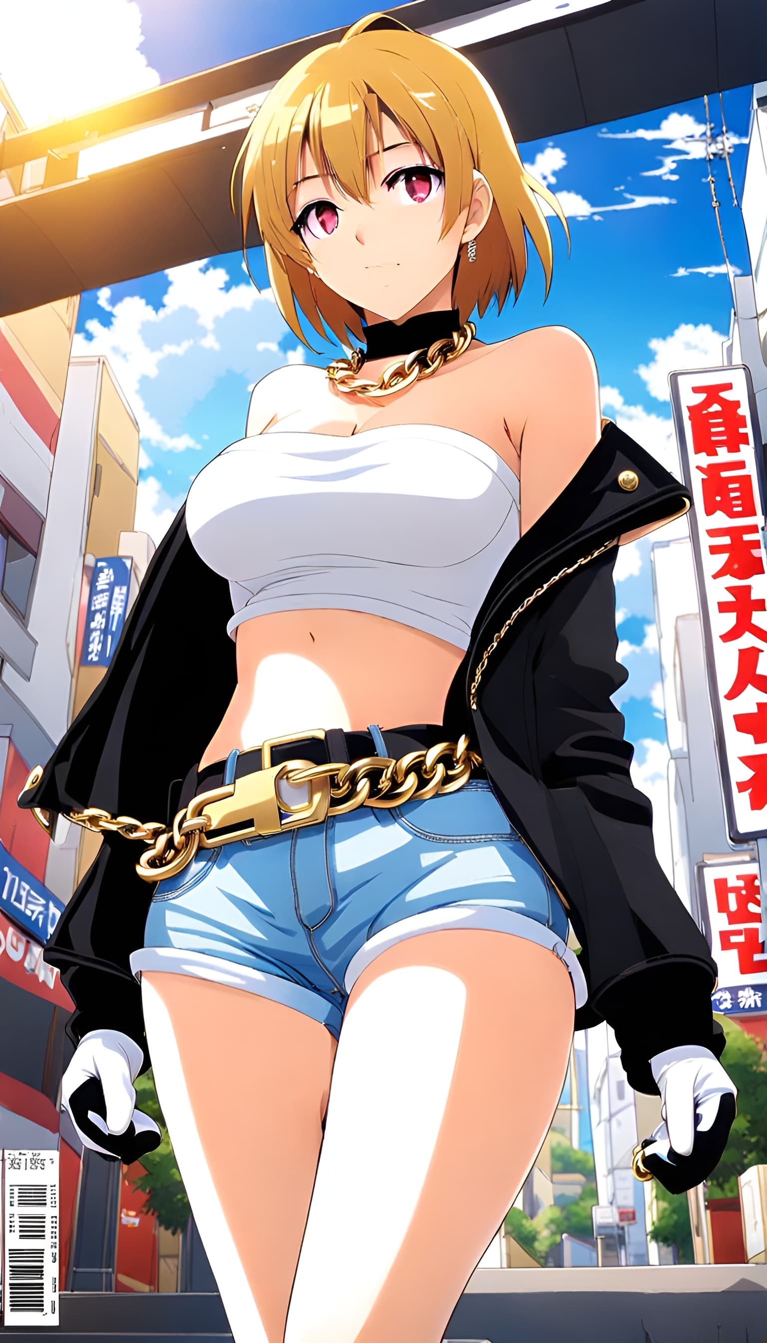 AI generated: gold city \(umamusume\), (magazine cover text, magazine cover:1.3), parted lips, black choker, gold ...