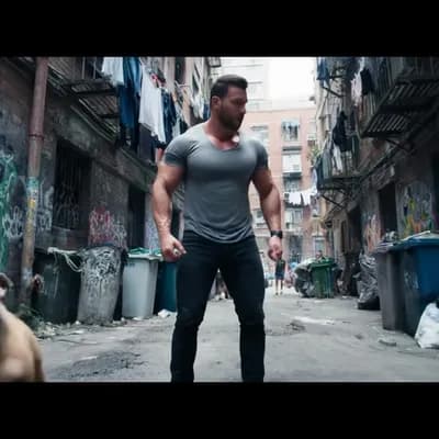 AI generated video: A hyper-realistic video of a muscular man standing alone in a narrow, run-down alley in a Spanish ur...