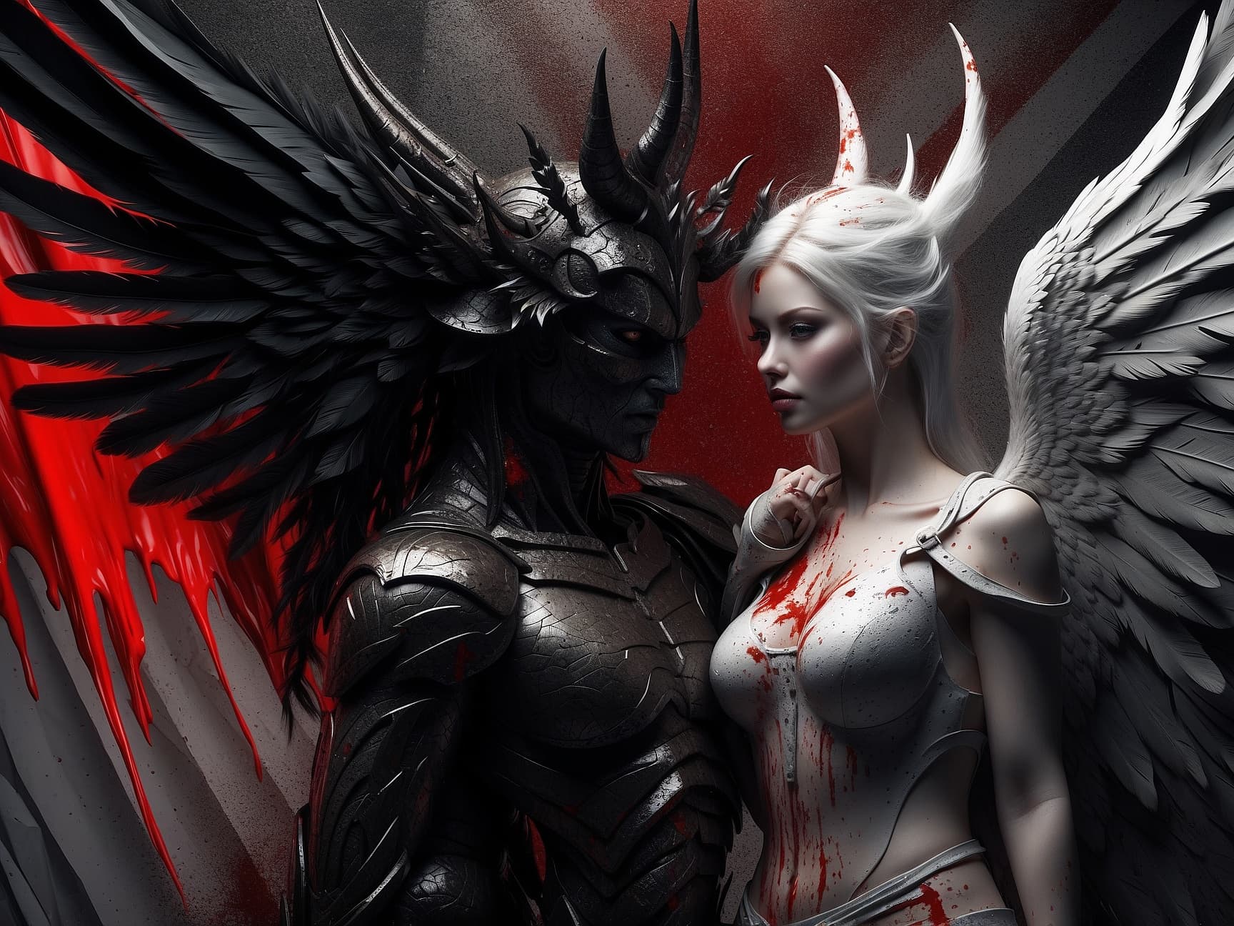 AI generated: a delicate and beautiful angel facing a hideous demon covered in blood, contrast art, art, HDR, 8k, ...