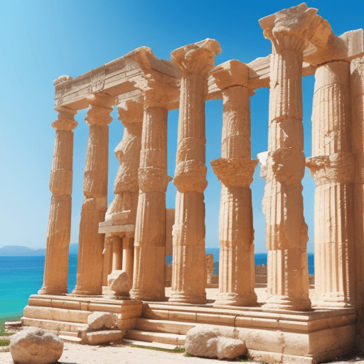 AI generated: antalya side apollo temple as a historical architecture, near the sea with stone elements, people wi...