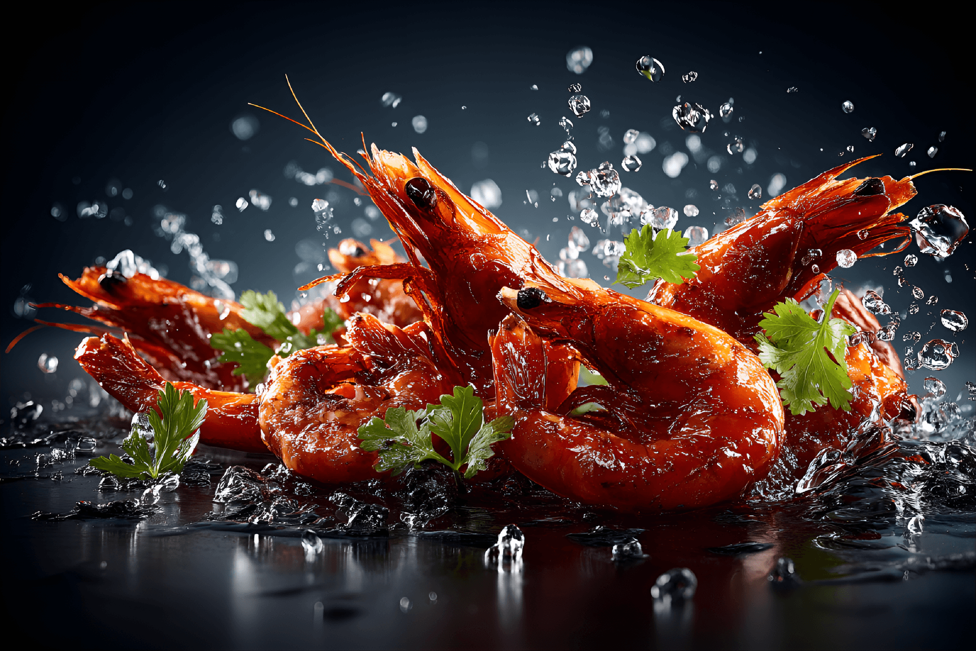 AI generated: vibrant red shrimp captured mid-motion against a dark