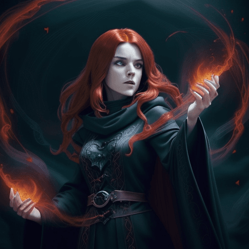 AI generated: A female warlock with long auburn hair wearing a black cowl and ornate robes of red and black, Casti...