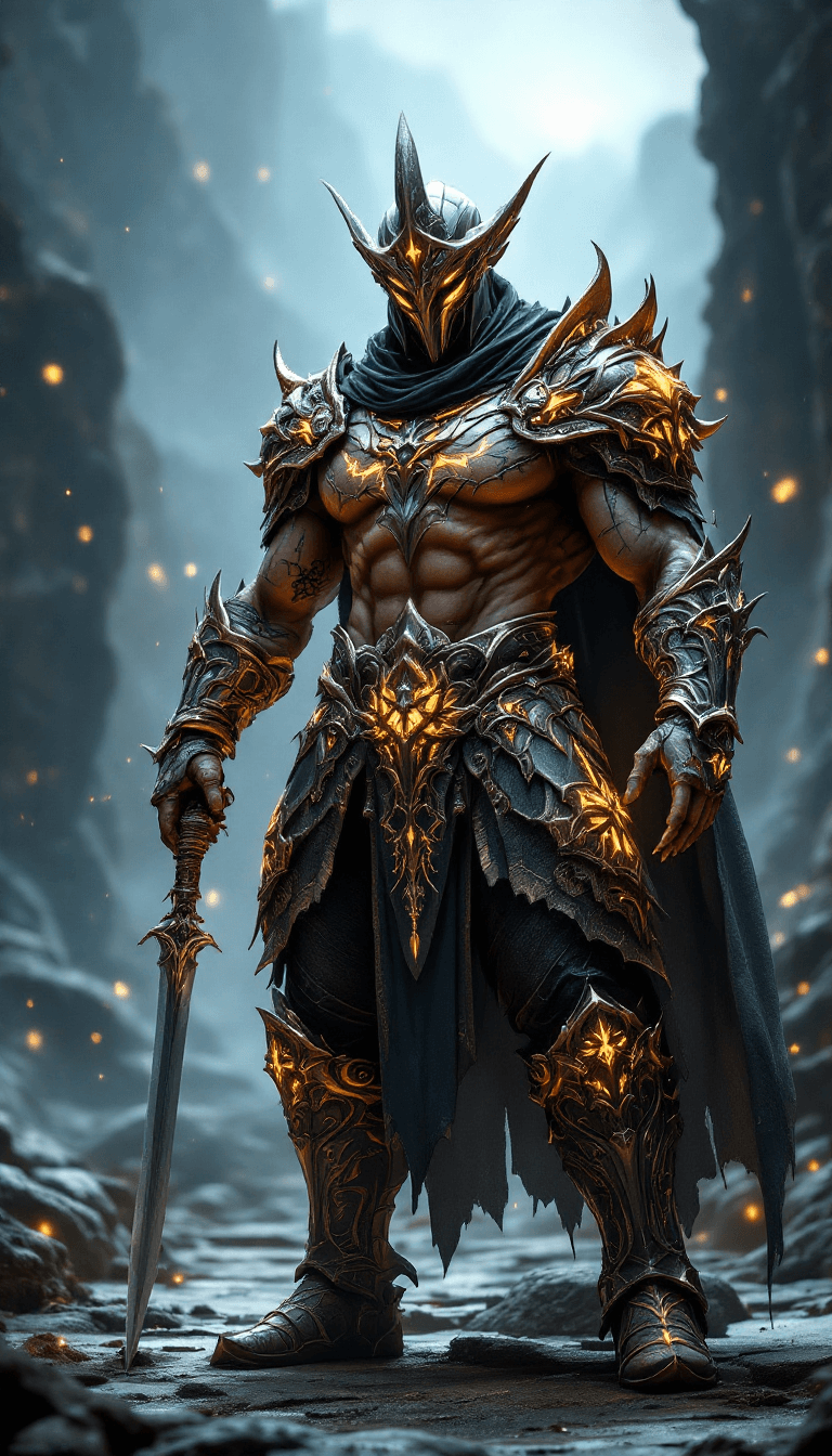 AI generated: final fantasy, male, warrior, fantasy big beautifull full body fantasy rpg armor with extrem many de...