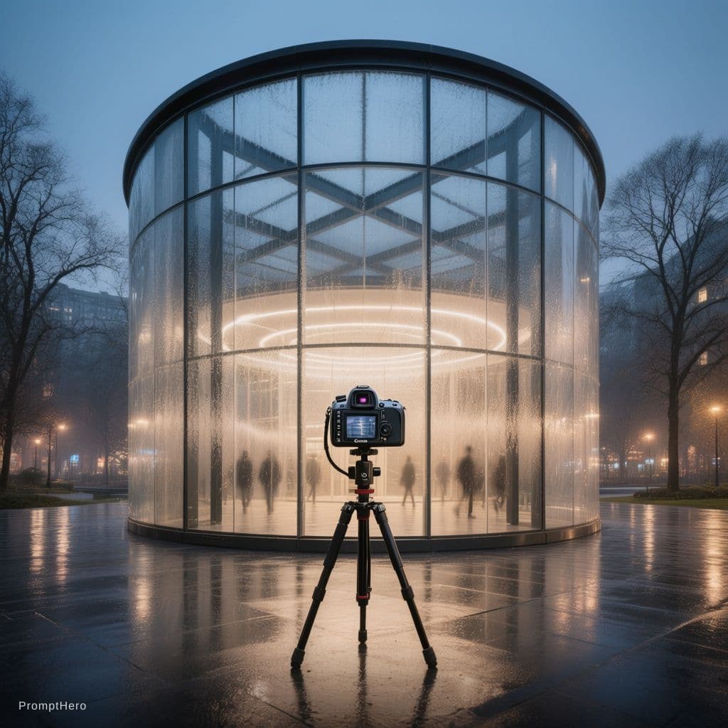 AI generated: minimalist architecture, contemporary pavilion design, symmetrical curved structure, panoramic view,...