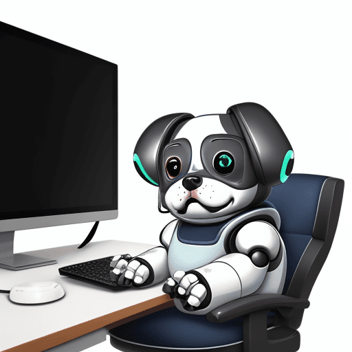 AI generated: cute chubbby robotic cartoon dog playing a video game on a computer while sitting at the computer de...
