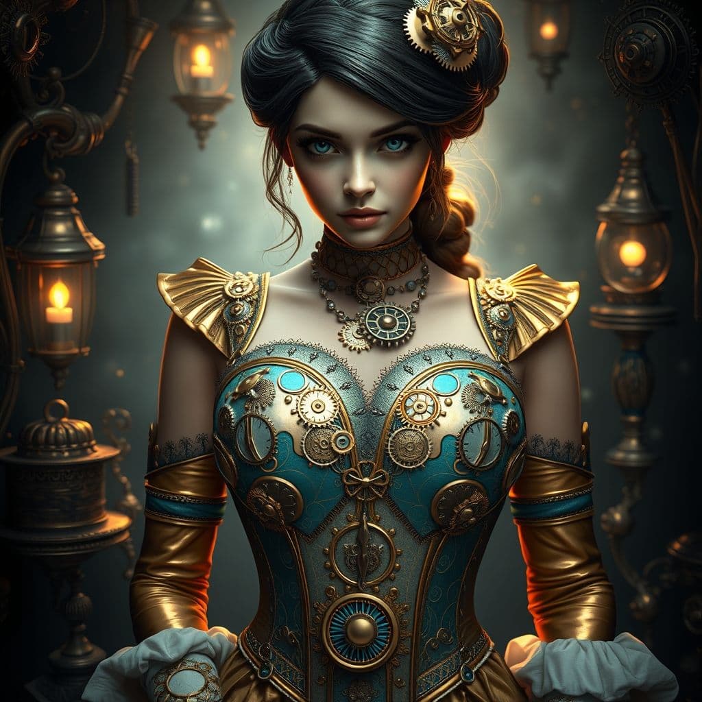 AI generated: Create a stunning 3D image of a steampunk woman, inspired by the artistic styles of Bella Kotak and ...