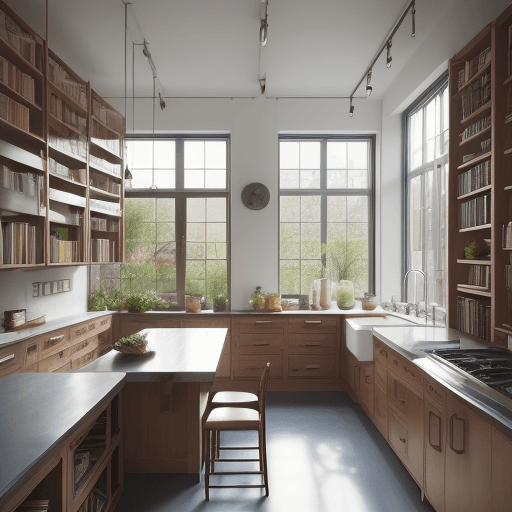 AI generated: big space, very Big kitchen, vegetables, lateral window on the right, books. no table