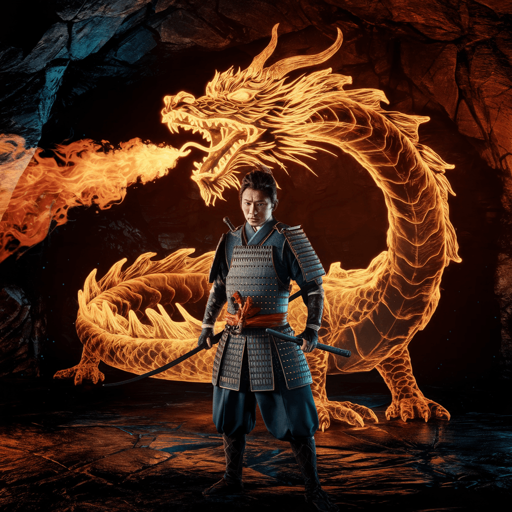 AI generated: japanese samurai in front of a dragon, 
