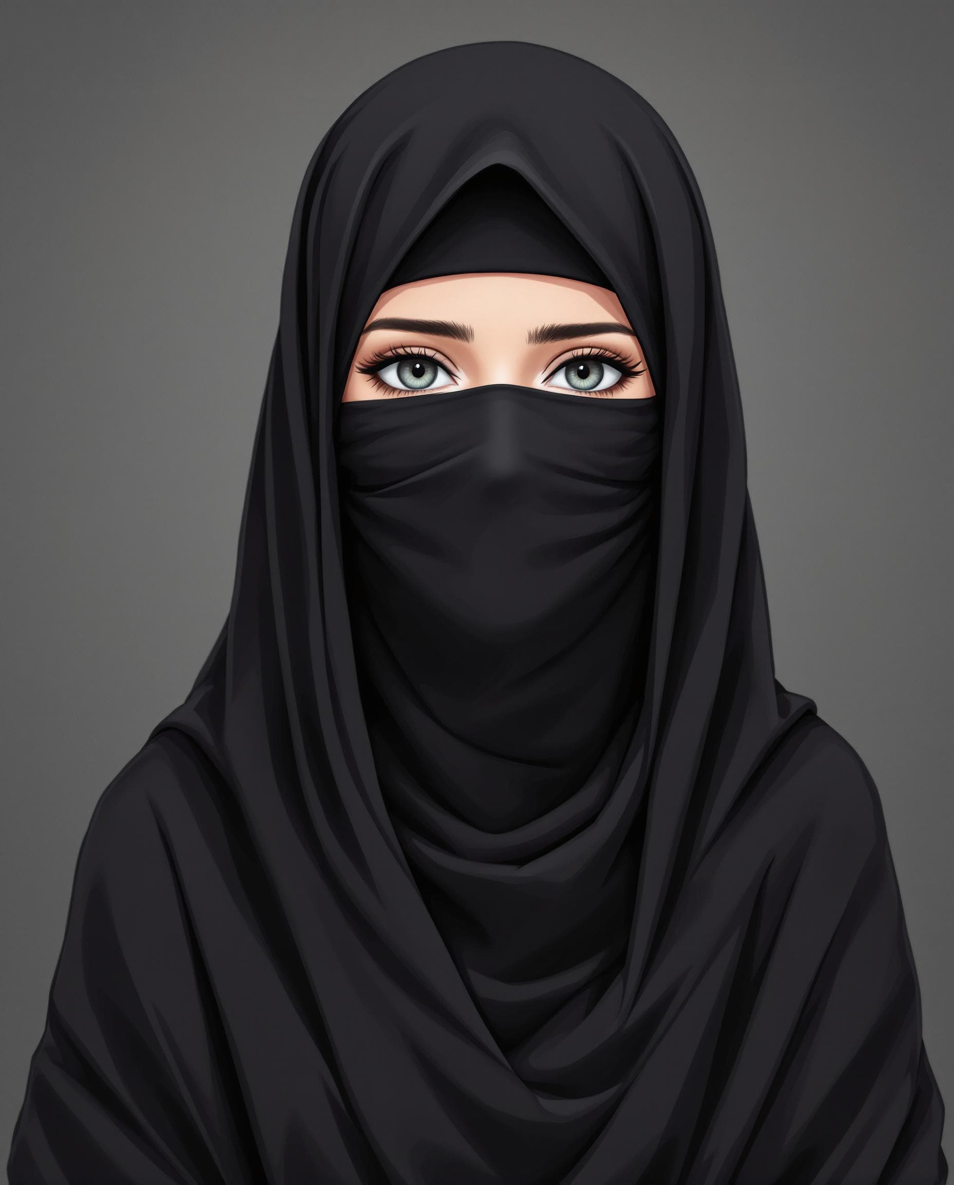 AI generated: manga anime, wearing a black hijab with the covering face like a Arabian woman in black clothes
