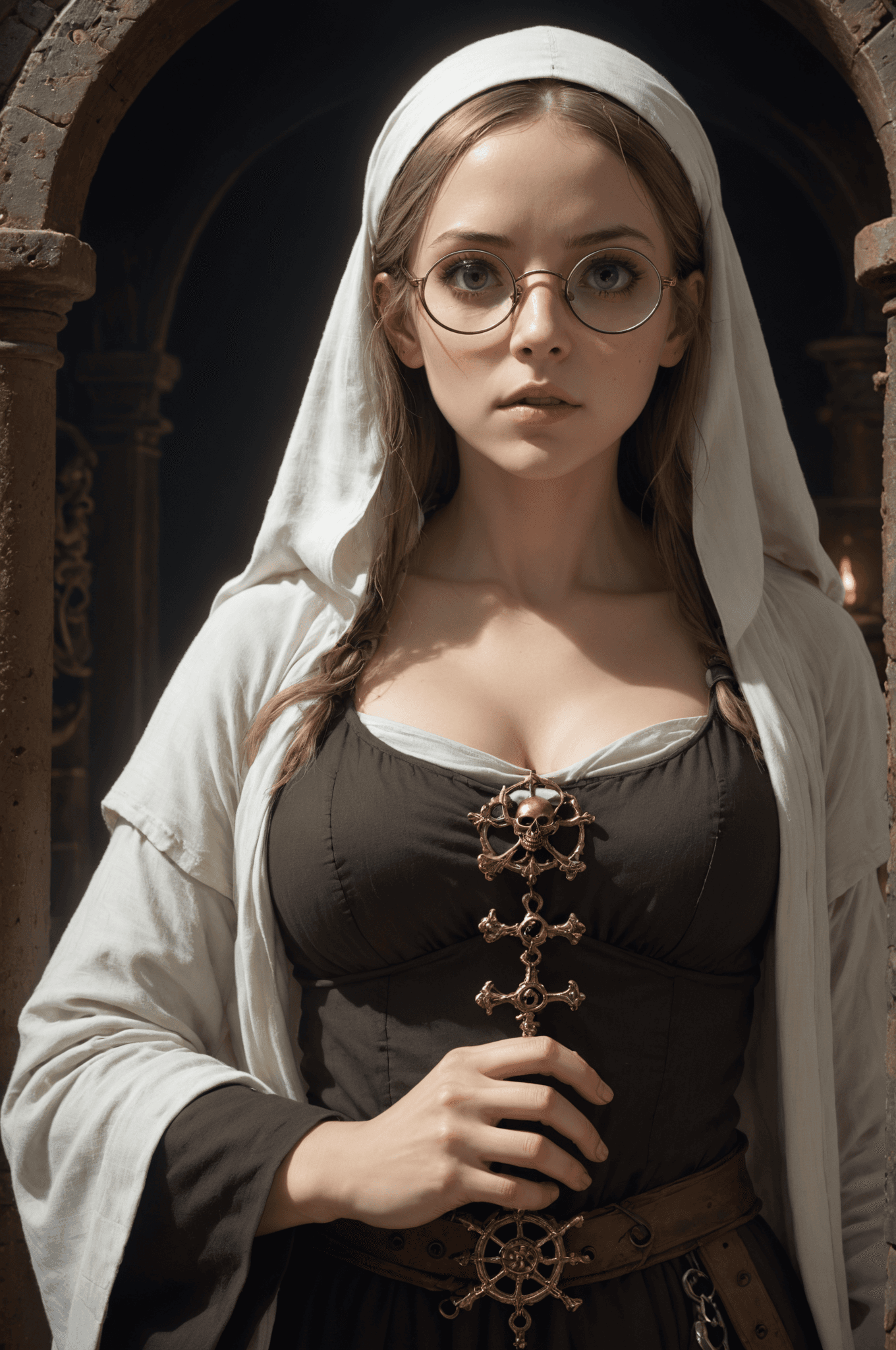 AI generated: Hyperrealistic art niji, octane render, (Woman:1.1) Friar, very Ethereal, in a Pirate setting, dark ...