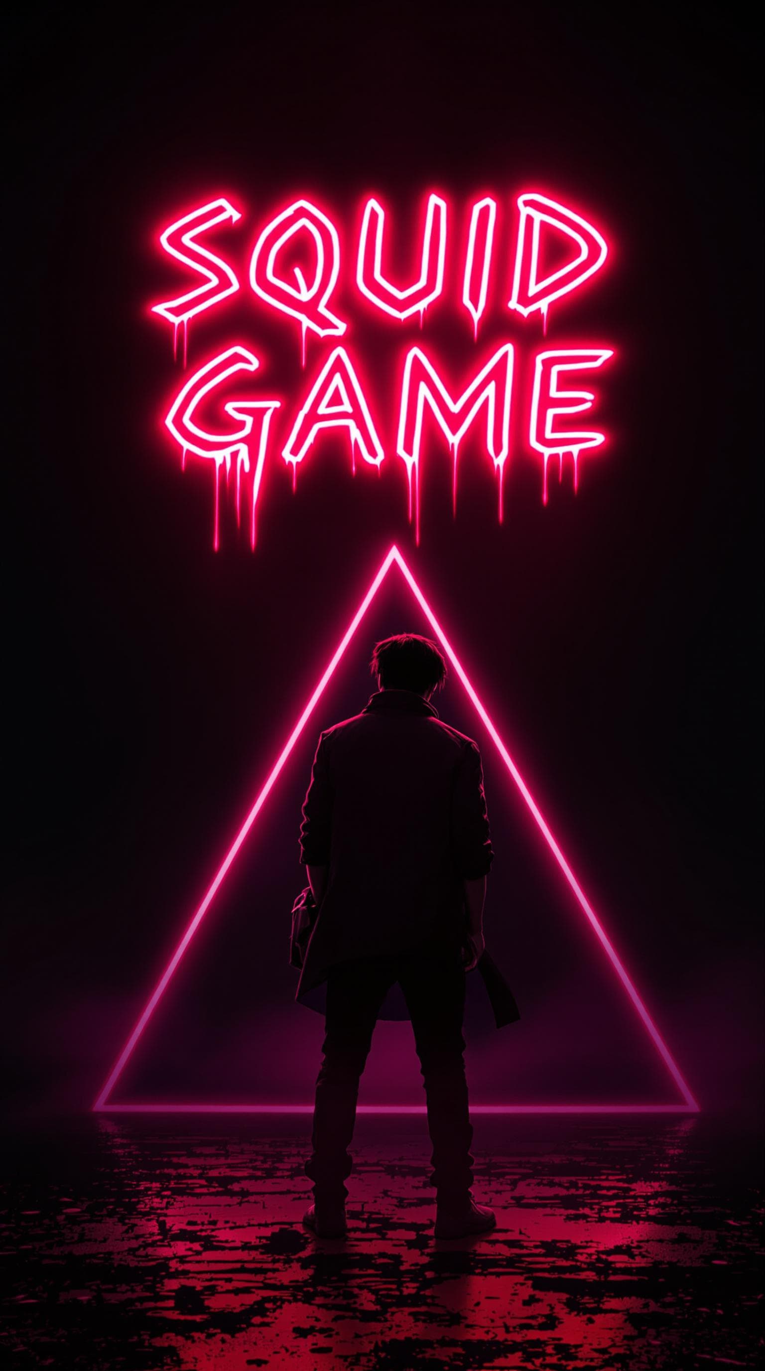 AI generated: "A vertical mobile wallpaper inspired by Squid Game, featuring the main character (Seong Gi-hun, pla...