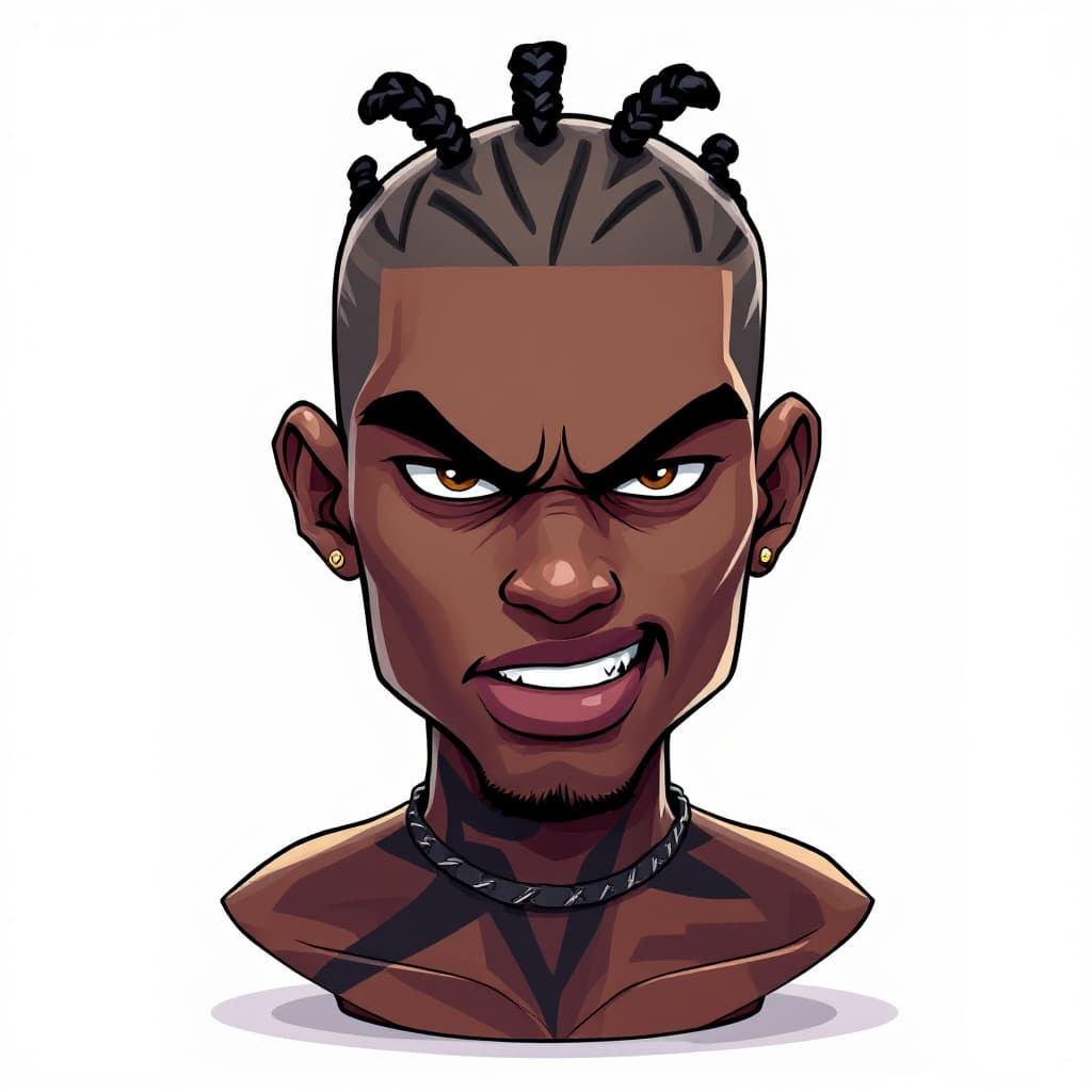 AI generated: A bust of a Black character with a defiant gaze, shaved hair with braids on the top of the head, nec...