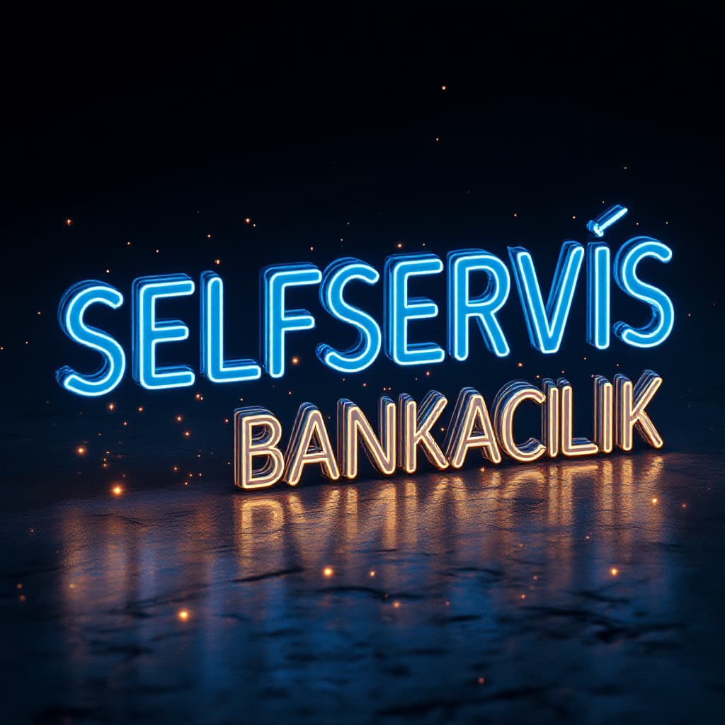 AI generated: A 3D digital art rendering of the word 'SELFSERVİS BANKACILIK' in Italic bold format, in a neon, fut...