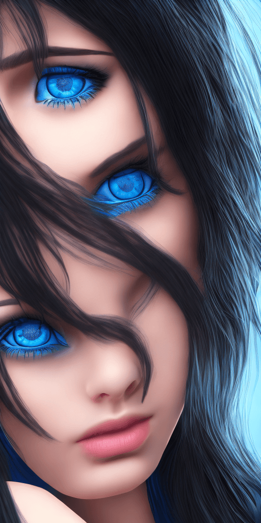 AI generated: Brunette WOMAN BLUE EYES, Black hair, dark background, 3D, 8K
