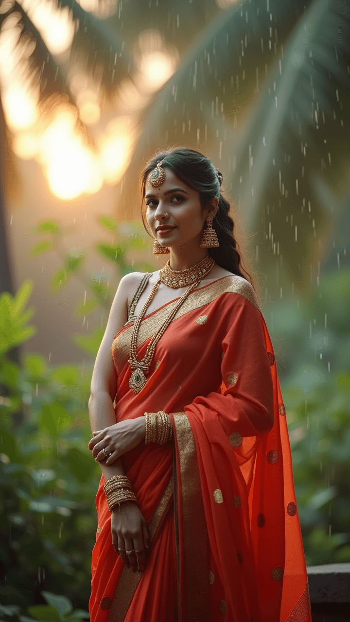 AI generated: Indian woman posing for a photograph, showcasing a hot figure in a stylish saree and Indian jewelry....