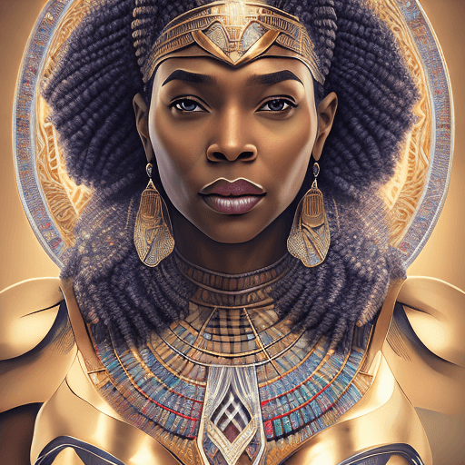 AI generated: Close-up portrait of a Nubian queen Wonder Woman portrait from Ancient Egypt, intricate filigree ice...