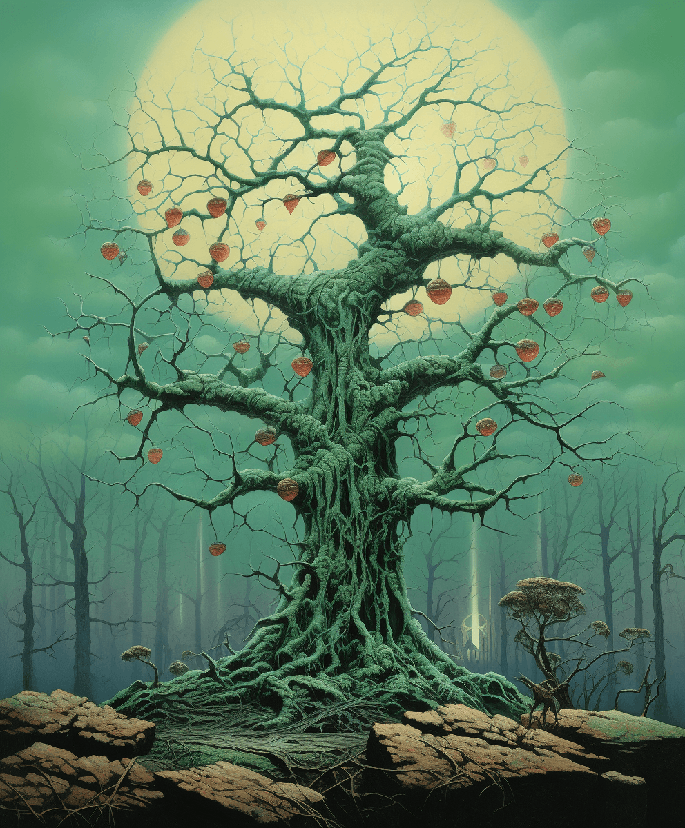 AI generated: A green tree with many small creatures living on it, fantasy book cover art in the style of Zdzisław...