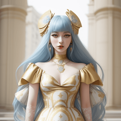 AI generated: woman dressed in a dress with gold and white prints, in the style of delicate details, oshare kei, b...