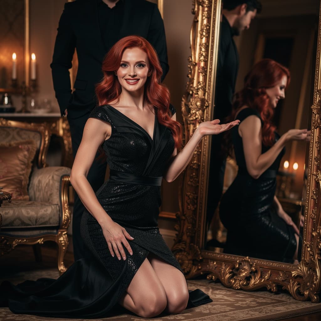 AI generated: Super fit voluptuous redhead Russian woman with elegant gravity-defying curves gracefully contained ...