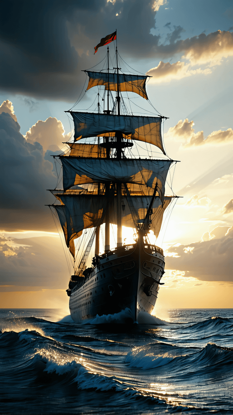 AI generated: Photo of a ultra realistic sailing ship, dramatic light, pale sunrise, cinematic lighting, battered,...