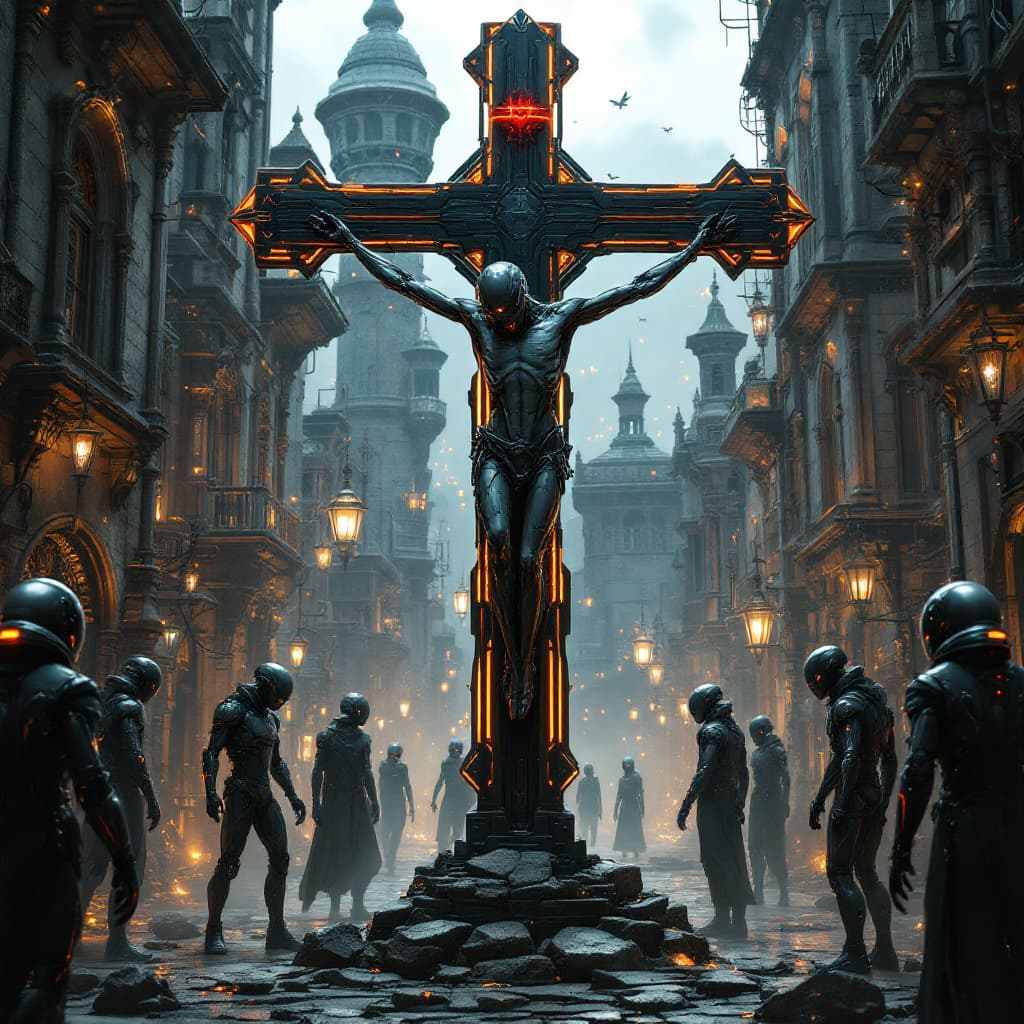 AI generated:  a sci-fi. scenery representing futuristic humanoids crucified, againts cyber cross,in a medieval ci...
