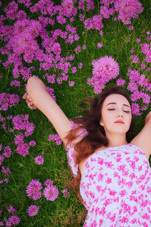AI generated: Close-up, selfie of, a 23 year old woman from above, lying in a field of flowers, wearing a sundress...