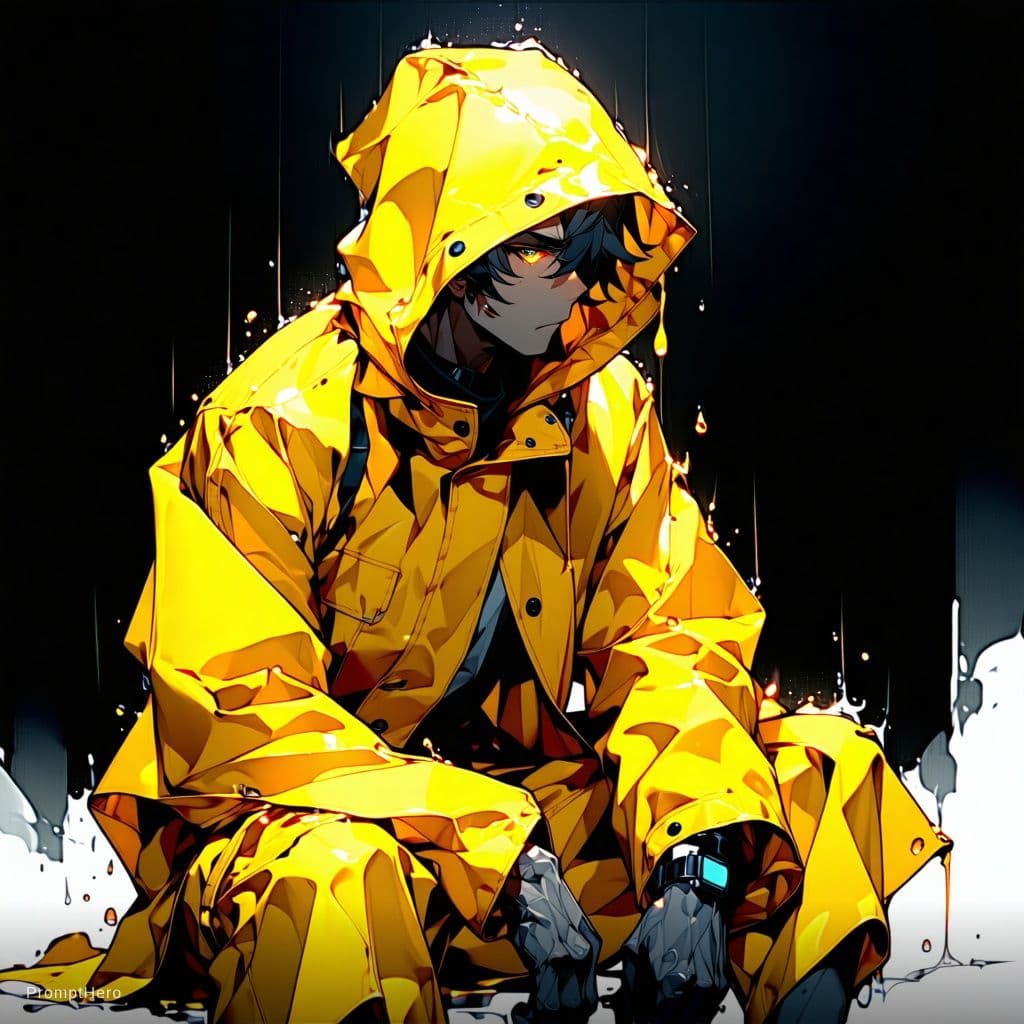 AI generated: absurdres, illustration, male, solo, adult, mature, handsome_male, toned, raincoat, blunt cut, sitti...