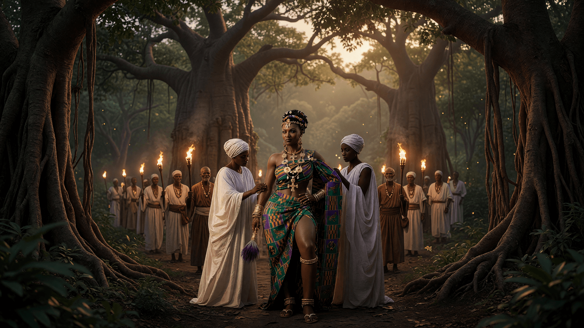AI generated: A cinematic 16:9 photorealistic wide shot of a torchlit procession moving through an ancient dense A...