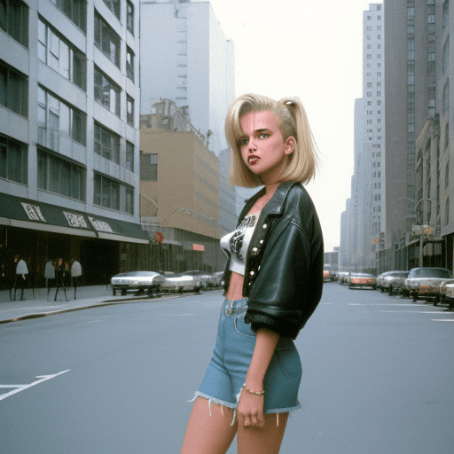 AI generated: Street style photo of a grunge style woman in the streets of 1990 Manhattan standing in front of a s...