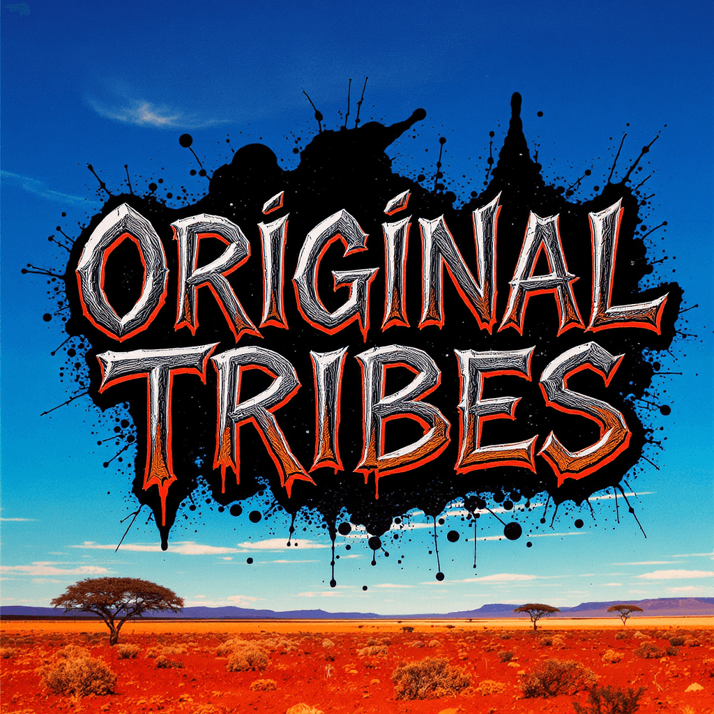AI generated: Liquid Metal Ink, with strong solid bold typography of the word Original Tribes with background blue...