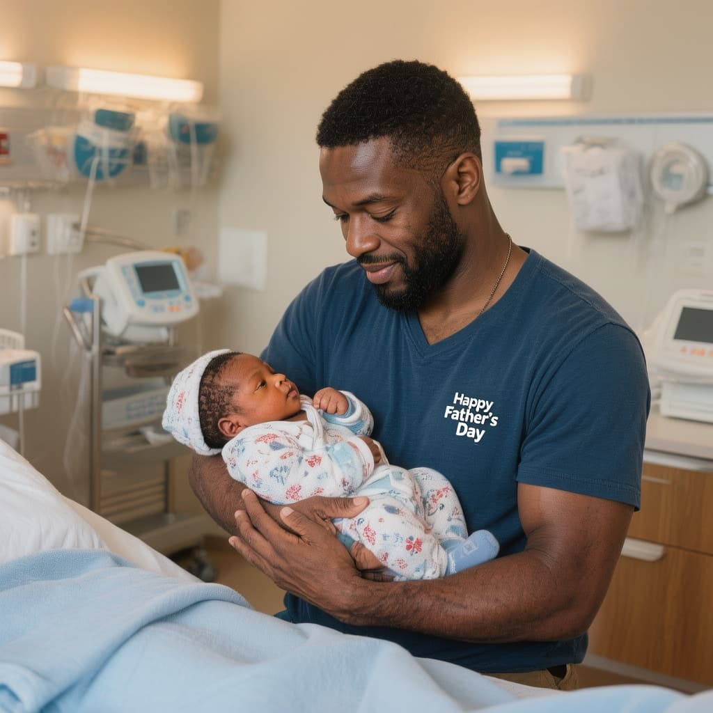 AI generated: Full-body Ultra-realistic image of a dark-skinned father holding his newborn son for the first time ...