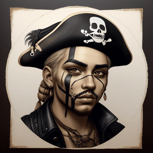 AI generated: portrait of an 24 year man with painted face in golden brown with white outline, in the style of pir...