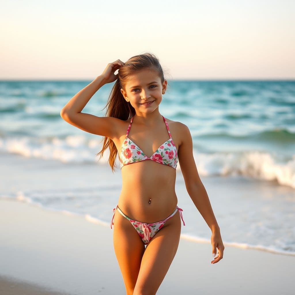 AI generated: a 15 yers old girl at the beach wearing bikini


