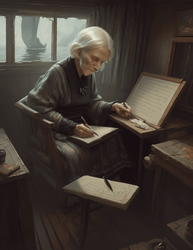 AI generated: Authoritarian old woman scribe in a boat cabin by Greg Rutkowski, oil painting, heavy strokes, highl...