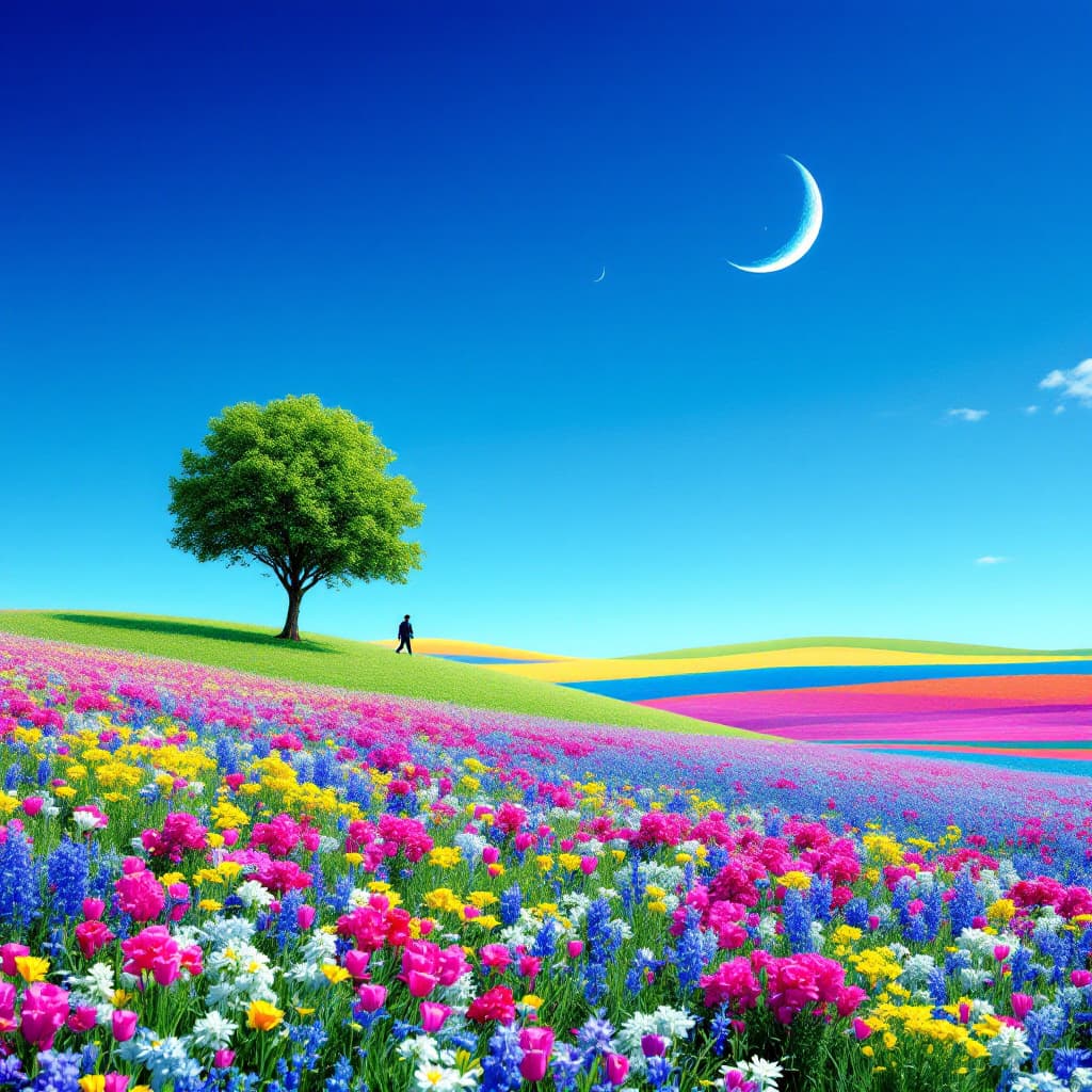 AI generated: surrealist landscape photography, vibrant colors, rule of thirds, balanced, expansive view, digital ...