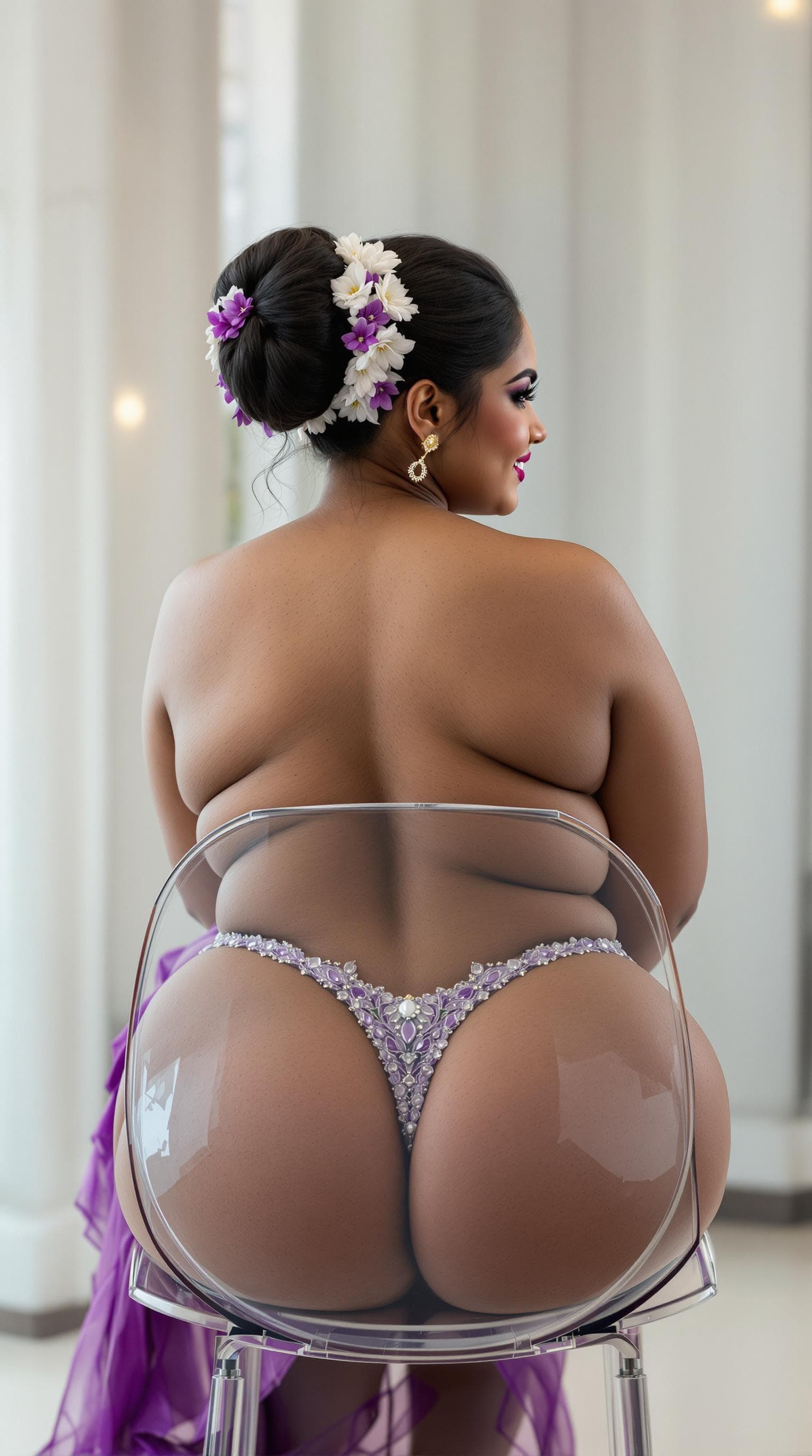 AI generated: a full rear curvy sexy body of an Indian plus size woman  sitting on glass transparent  chair with s...