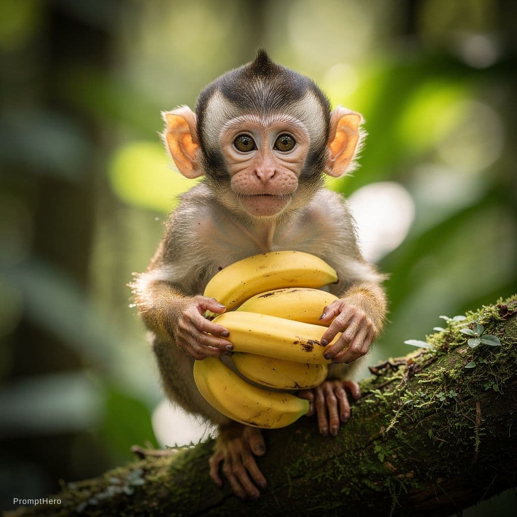AI generated: an adorable monkey with bananas in His hands