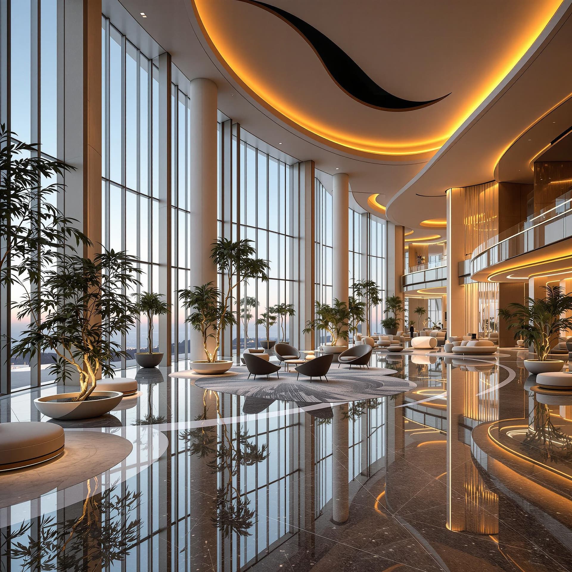 AI generated: create an image of an Upscale Hotel Settings: High-end resort hotel lobby which gives a feeling of i...