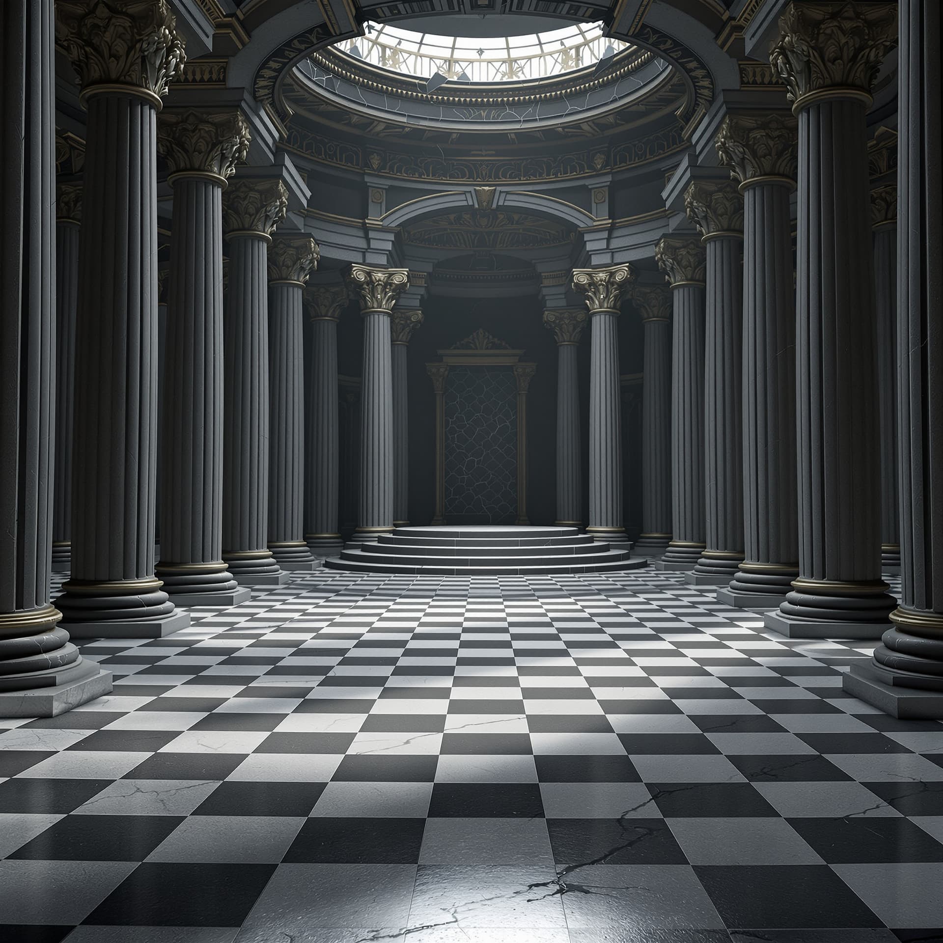 AI generated: Empty throne room with cracked pillars, checkered floor, realistic 3d illustration. cinematic, hyper...