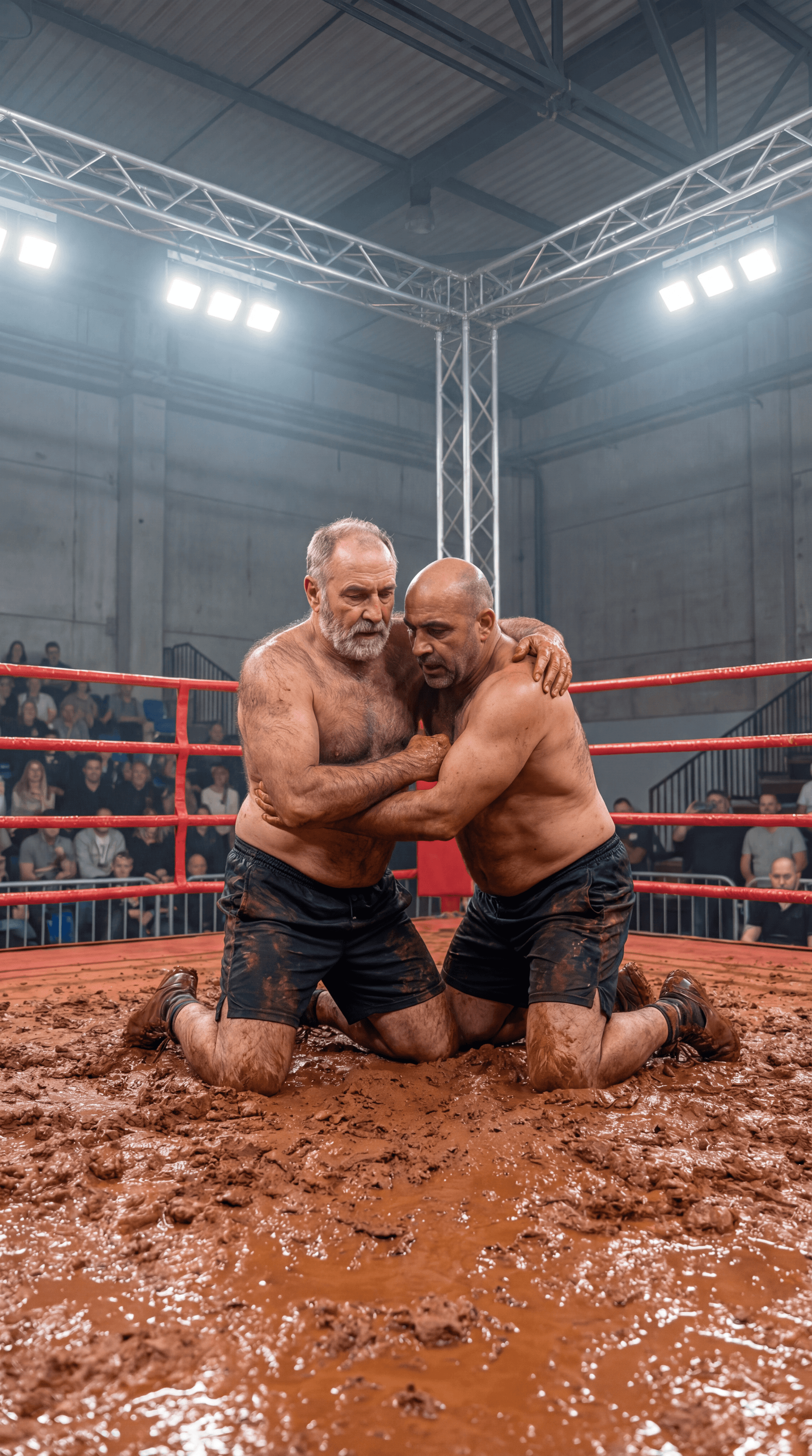 AI generated: REALISTIC SPORTS EVENT PHOTOGRAPH — INDOOR ARENA BOXING RING — RED CLAY MUD WRESTLING — VERTICAL 9:1...