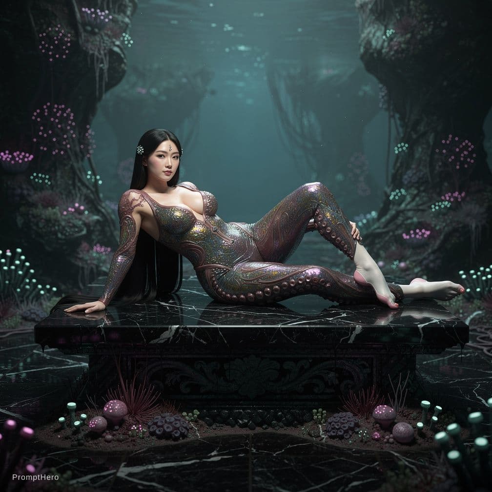 AI generated: ​Full body shot, far-distance elegant reclining pose on a wet obsidian altar. A surreal biological m...