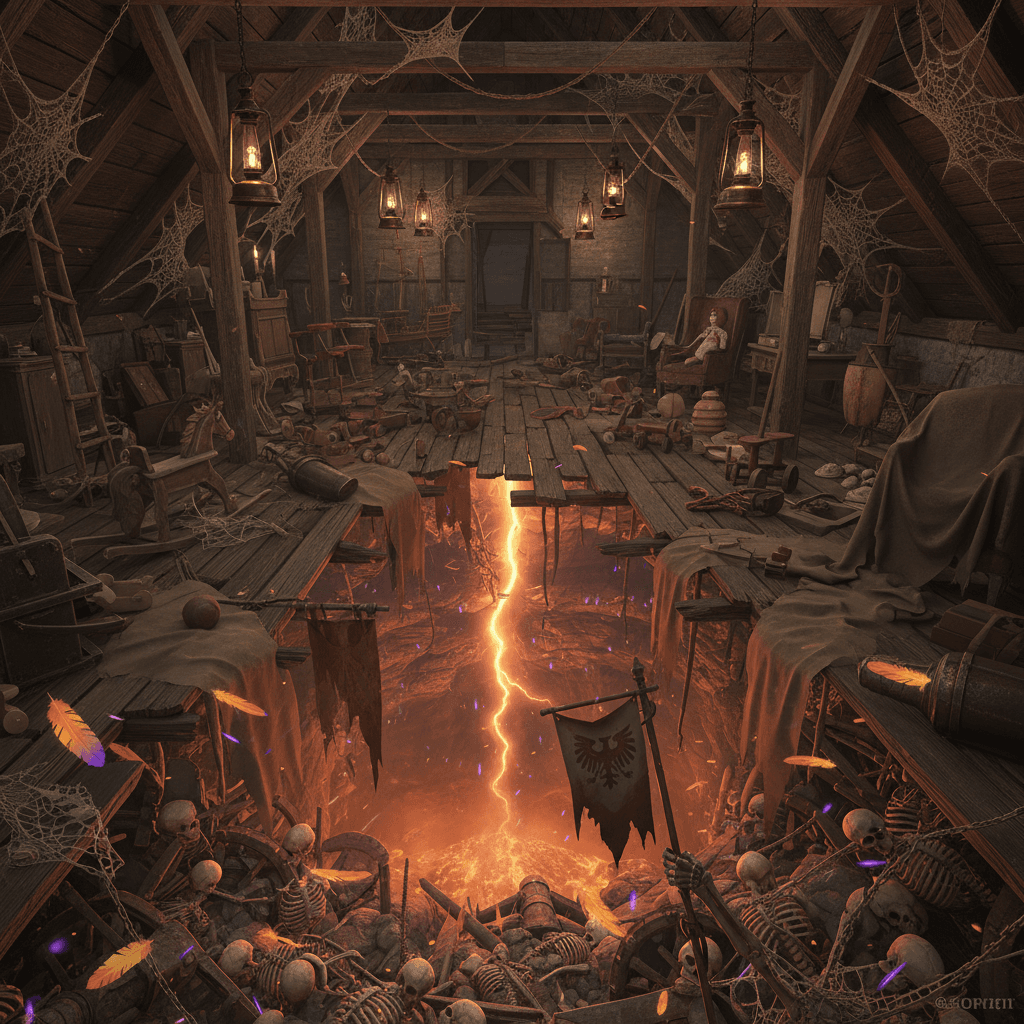 AI generated: A 3D-rendered attic environment: old toys, cobwebs, and lanterns casting dim light. The floor cracks...