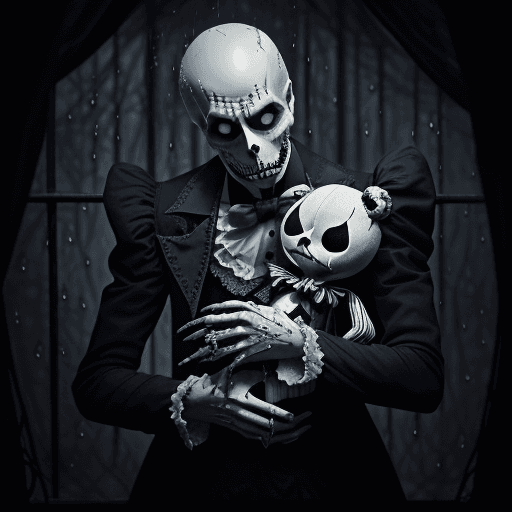 AI generated: jack skellington as a male holding a teddy bear, surreal masterpiece of a gothic love, lust, gothic ...