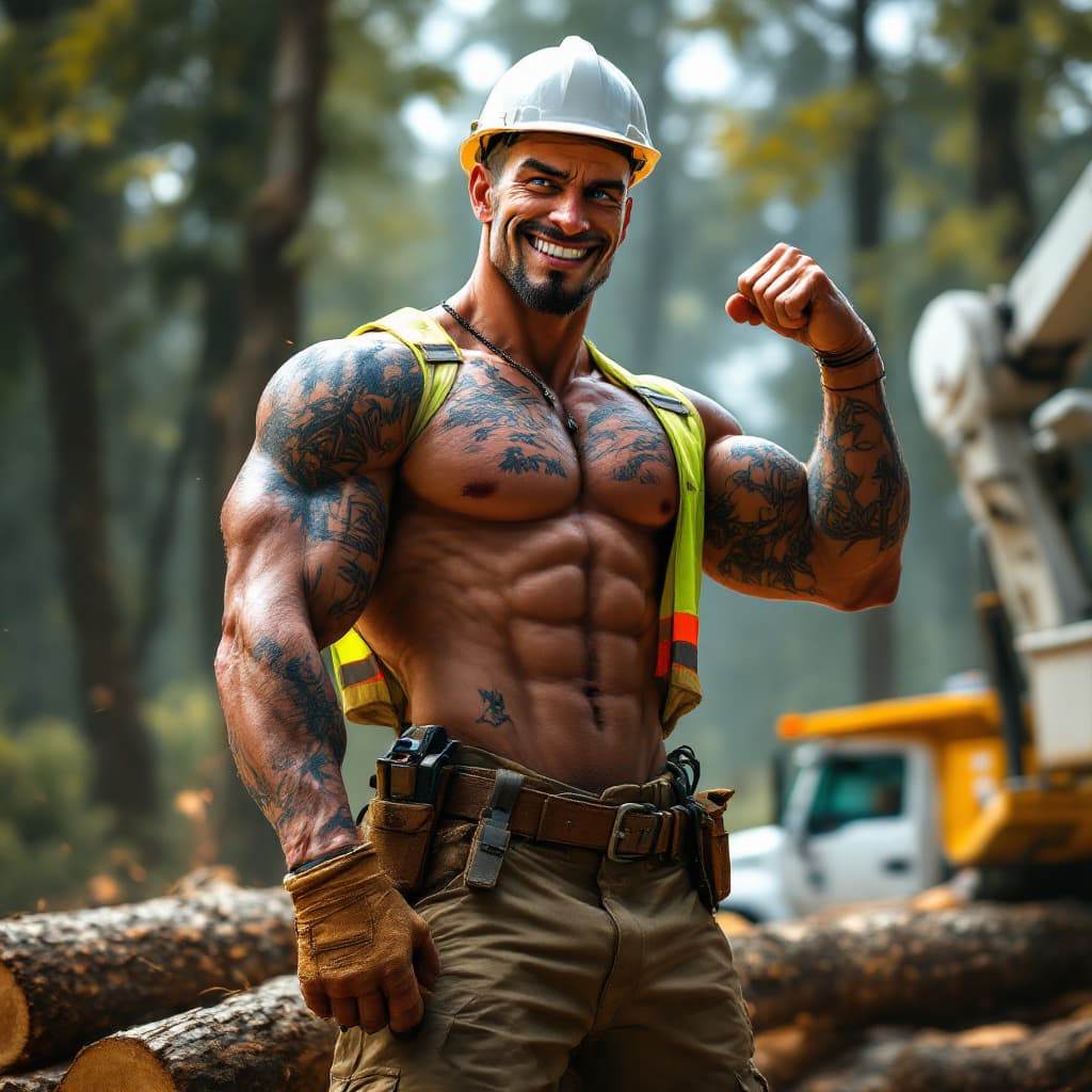 AI generated: Distant view full body head to toe image, lean muscle, thin chiseled face, big crooked grin, flexing...