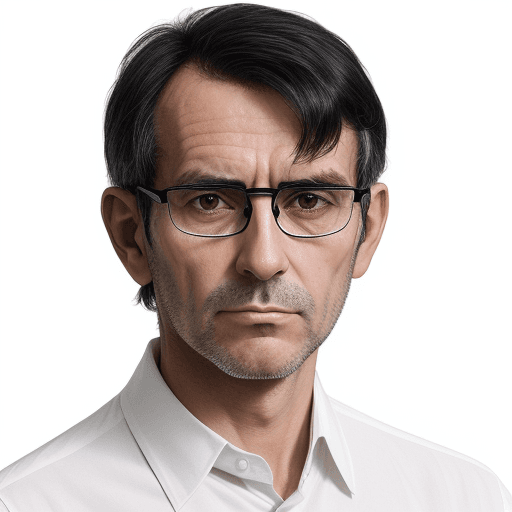 AI generated: Image of a 50-year-old French man with thin face, rectangle glasses and white shirt close, black bla...